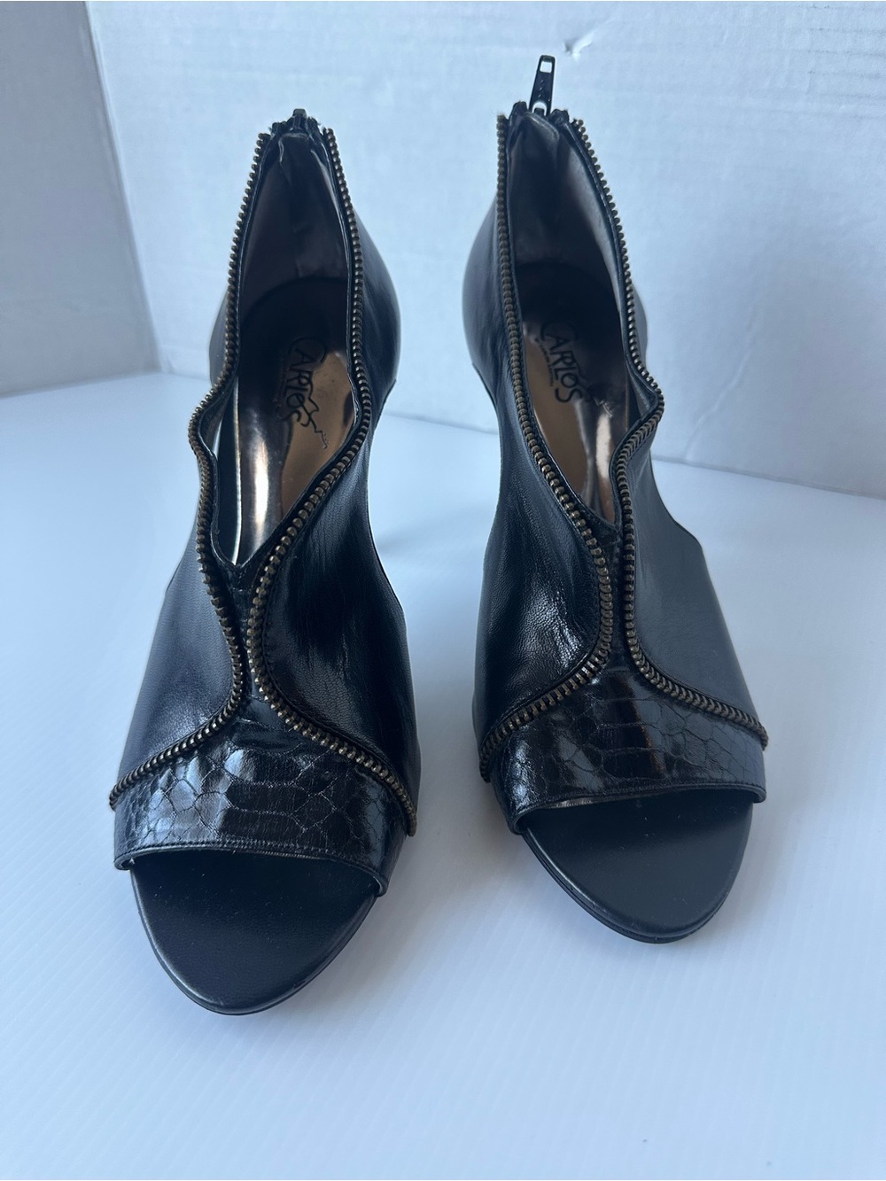 Carlos Santana Black Zip-Trim Peep-Toe Heels with Textured Toe
